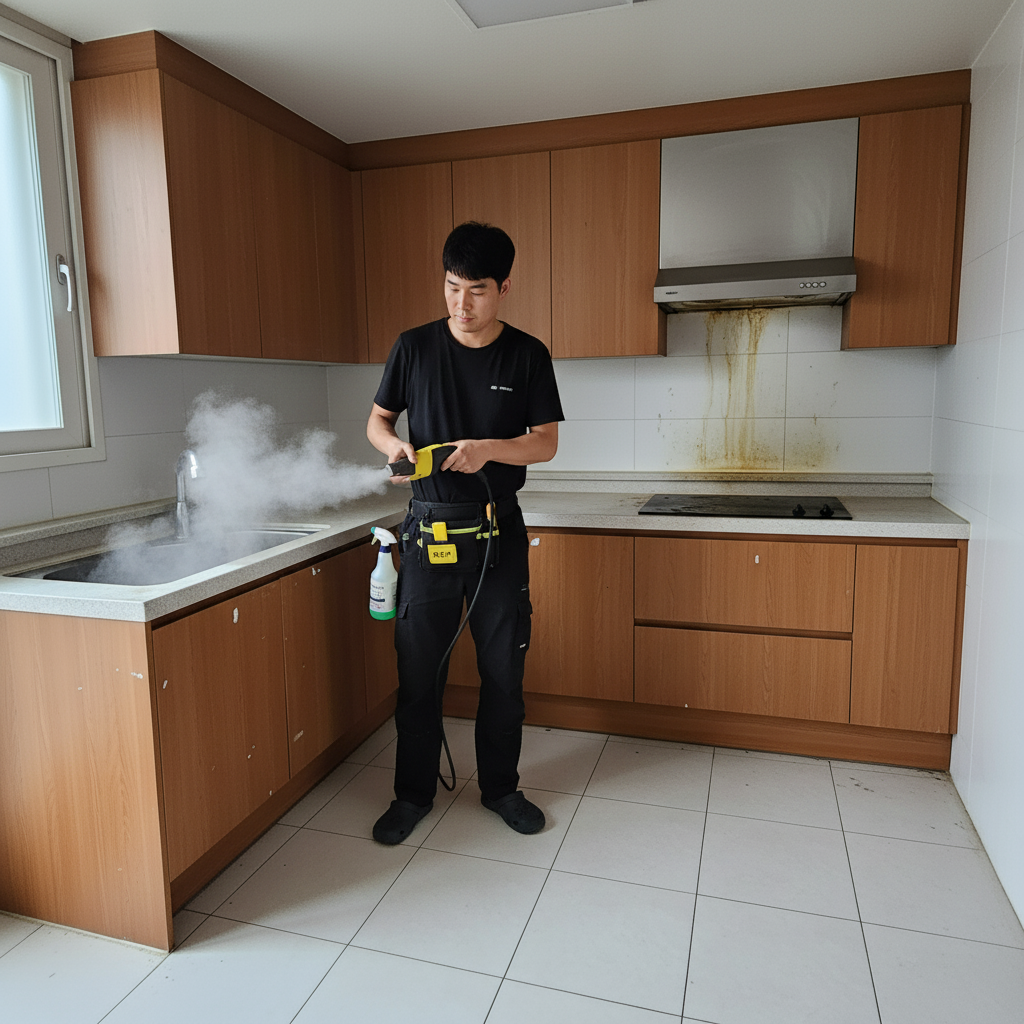 카처 스팀기를 사용하여 주방 후드에 찌든 기름때를 불리고 있는 모습