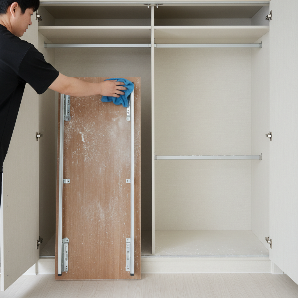 하부장 서랍을 탈거하여 레일까지 꼼꼼하게 청소하는 모습.