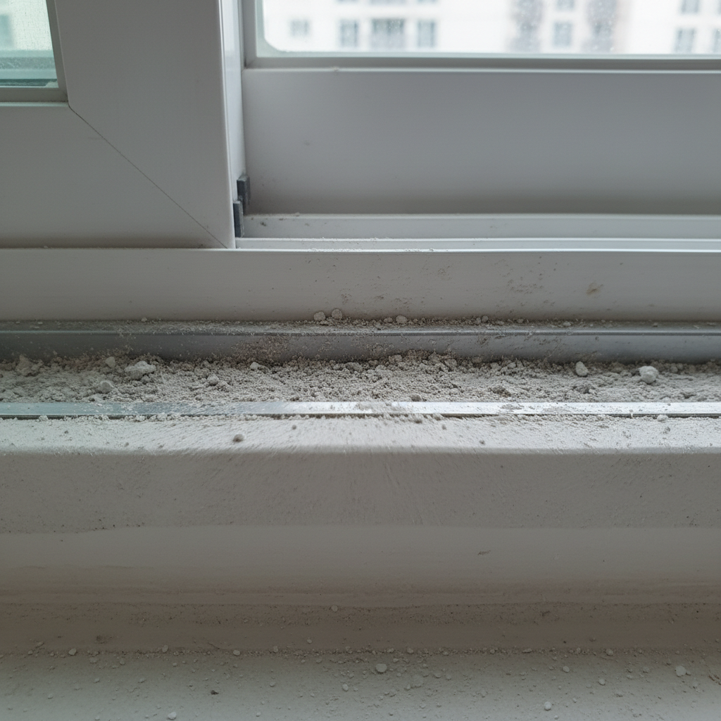 청소 전 창틀 레일의 모습. 공사 먼지와 흙먼지로 뒤덮여 있습니다.
