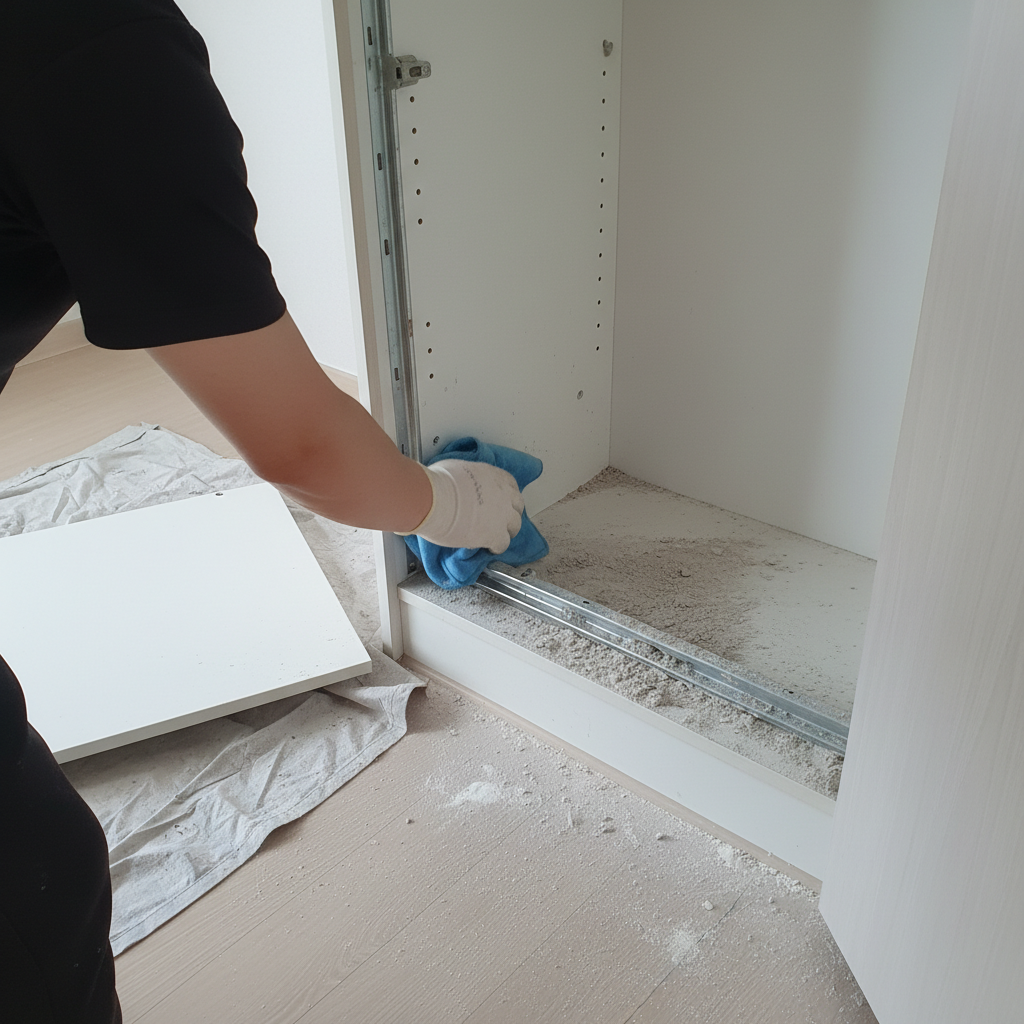 하부장 서랍을 탈거하여 레일까지 꼼꼼하게 청소하는 모습. 톱밥과 먼지가 쌓여있는 것을 확인할 수 있습니다.