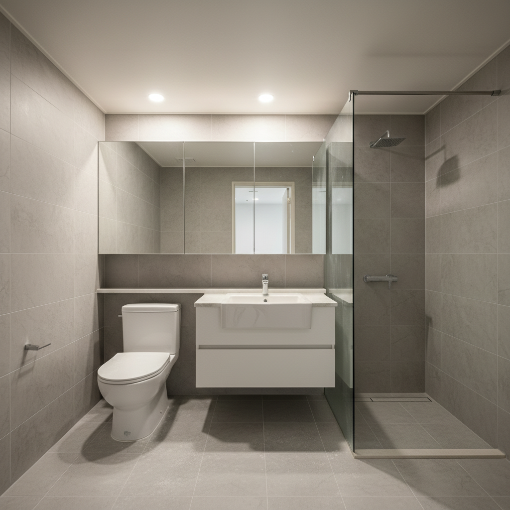 화장실 청소 완료 후 깨끗해진 모습. 타일과 위생도기가 반짝반짝 빛납니다.