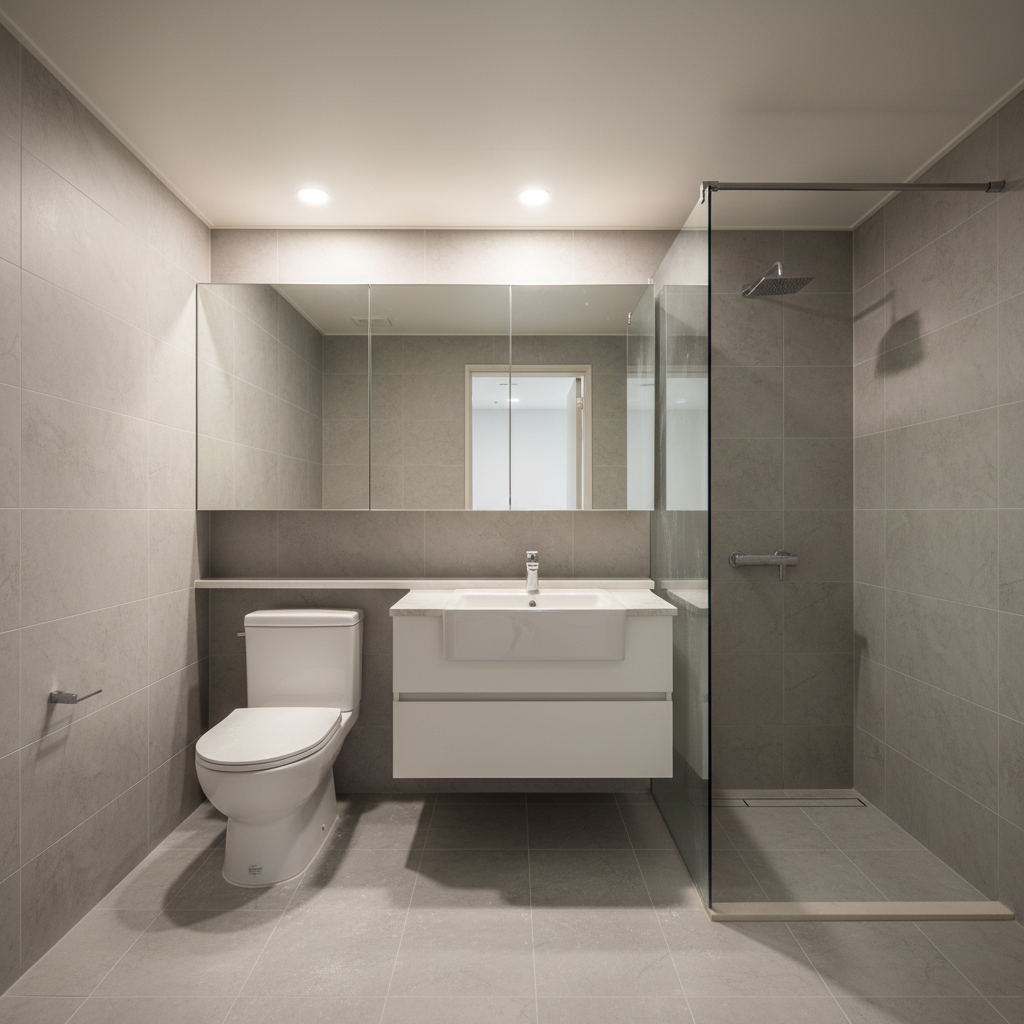 화장실 청소 전 모습. 타일과 변기 주변에 시멘트 가루와 먼지가 눈에 띕니다.