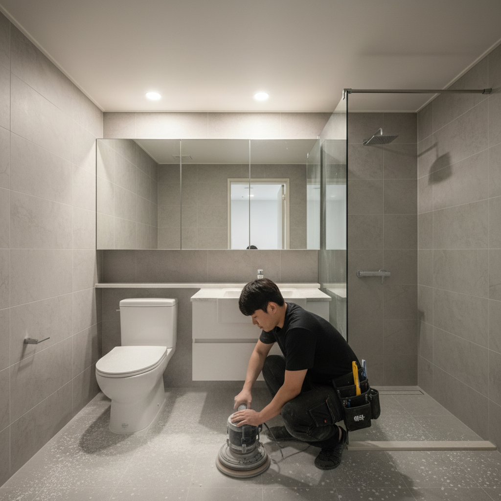 디월트 폴리셔를 사용하여 화장실 바닥 타일을 꼼꼼하게 청소하는 모습.