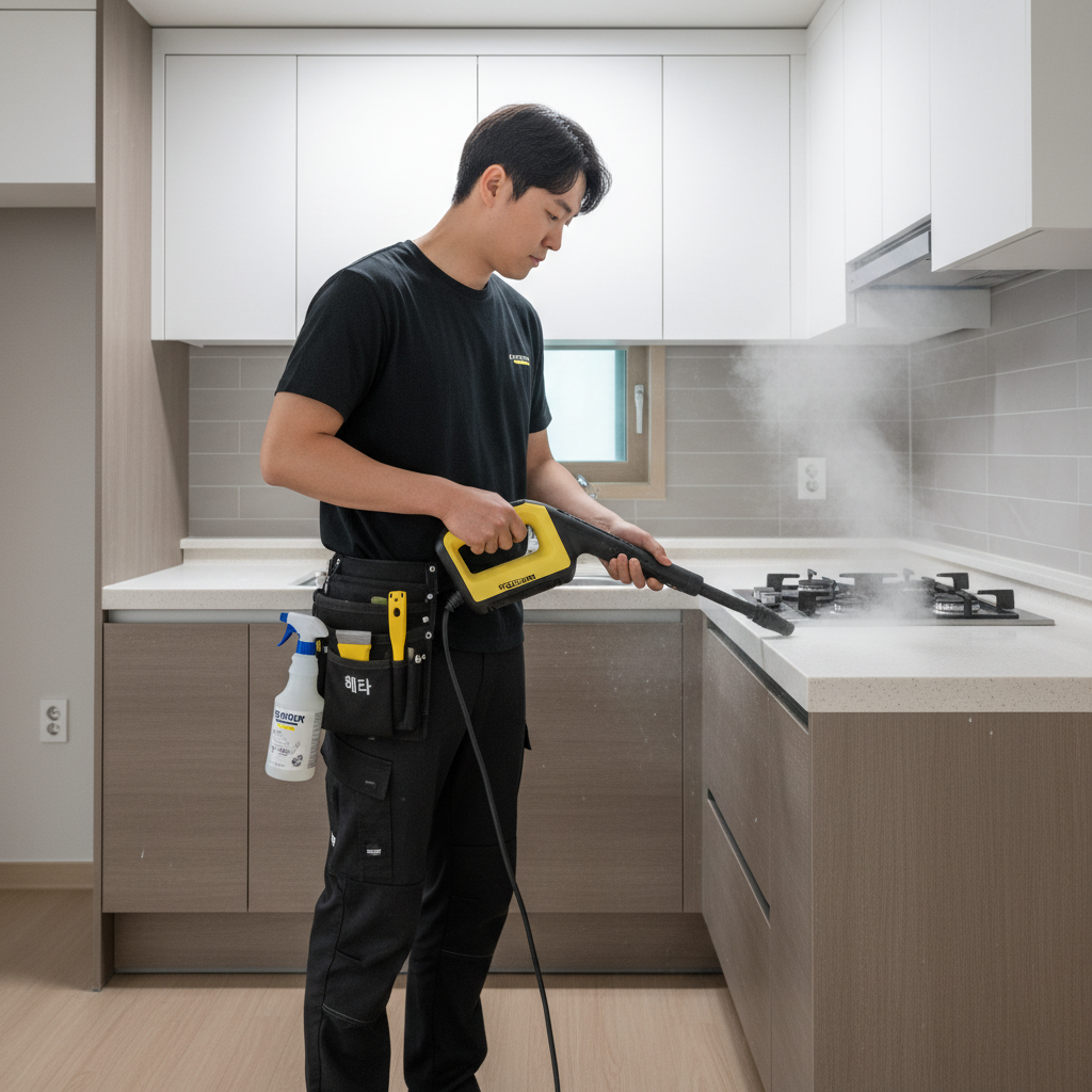 카처 스팀기로 주방 후드 기름때를 제거하는 모습