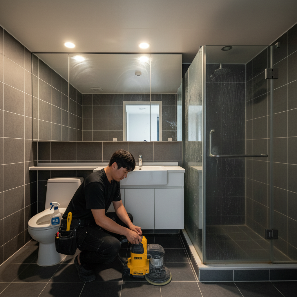 디월트 폴리셔를 사용하여 화장실 바닥 타일의 찌든 때를 벗겨내는 모습