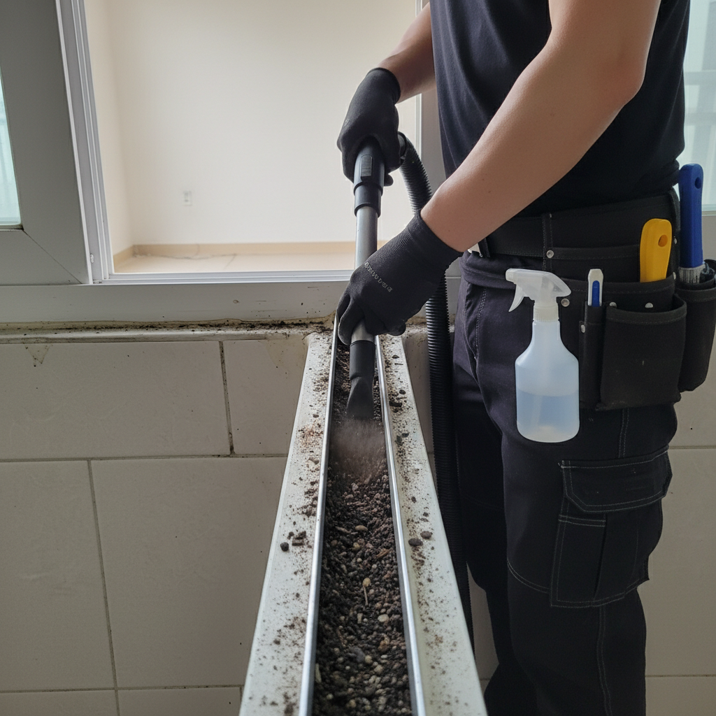 S-402 업소용 진공청소기를 사용하여 창틀 레일의 먼지를 강력하게 흡입하는 모습.