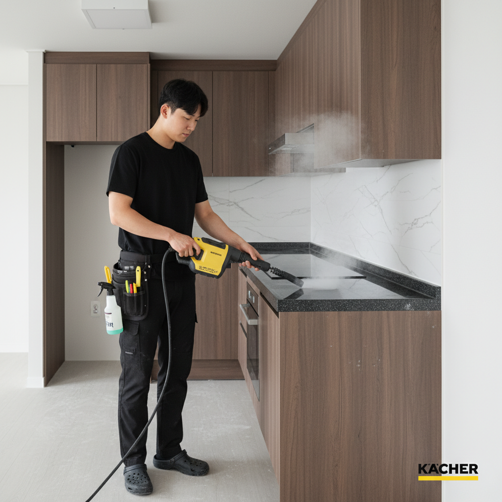 카처 스팀기를 사용하여 주방 후드의 찌든 기름때를 녹여내는 모습