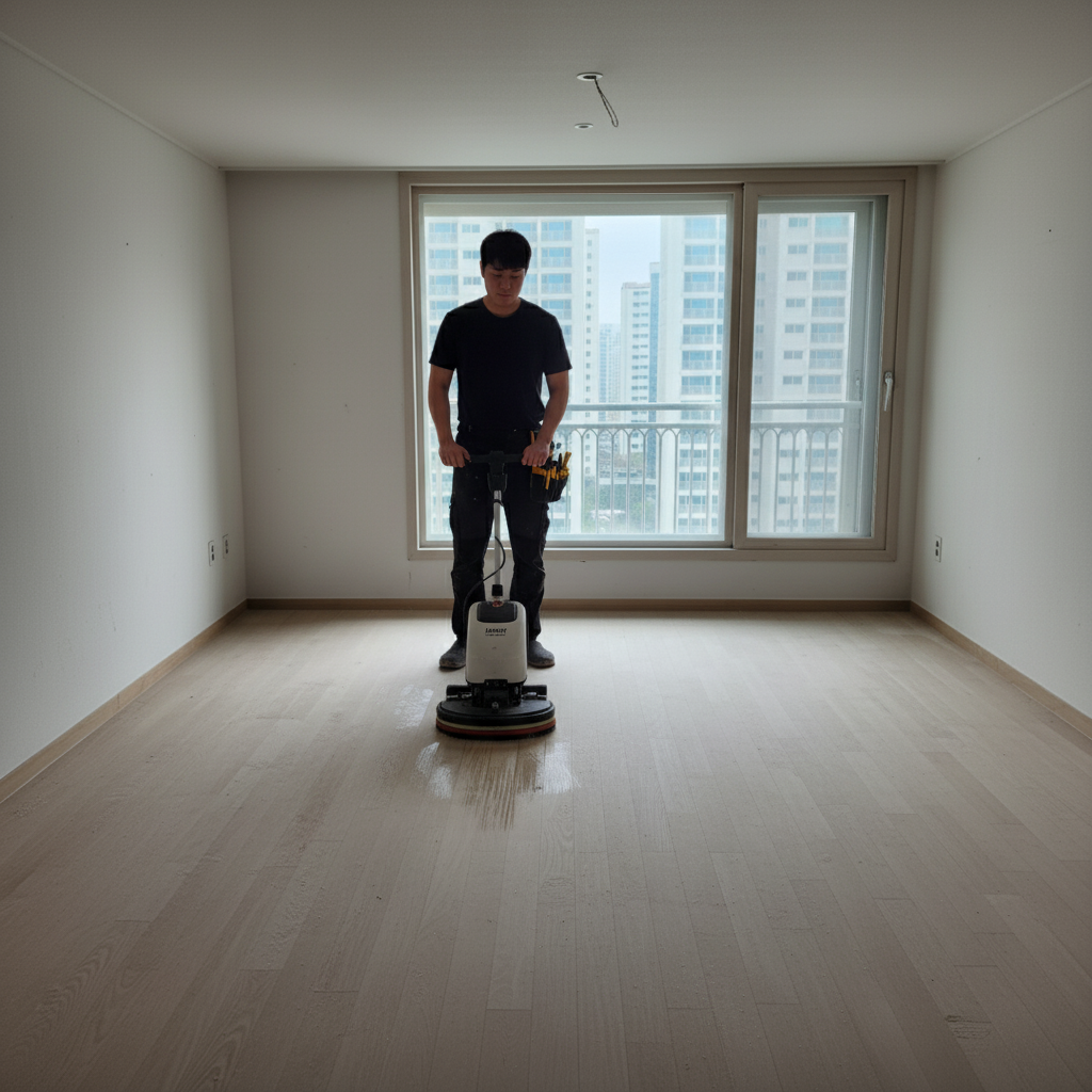 아이맙 청소기를 사용하여 거실 바닥을 꼼꼼하게 청소하는 모습.