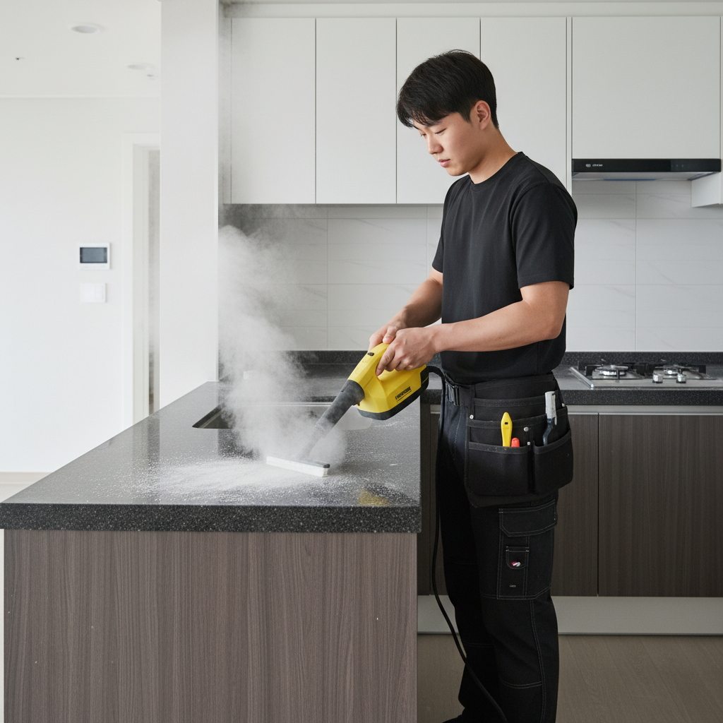 카처 스팀기를 사용하여 주방 후드의 찌든 기름때를 제거하는 모습. 고온 스팀으로 묵은 때를 불려 말끔하게 닦아냅니다.