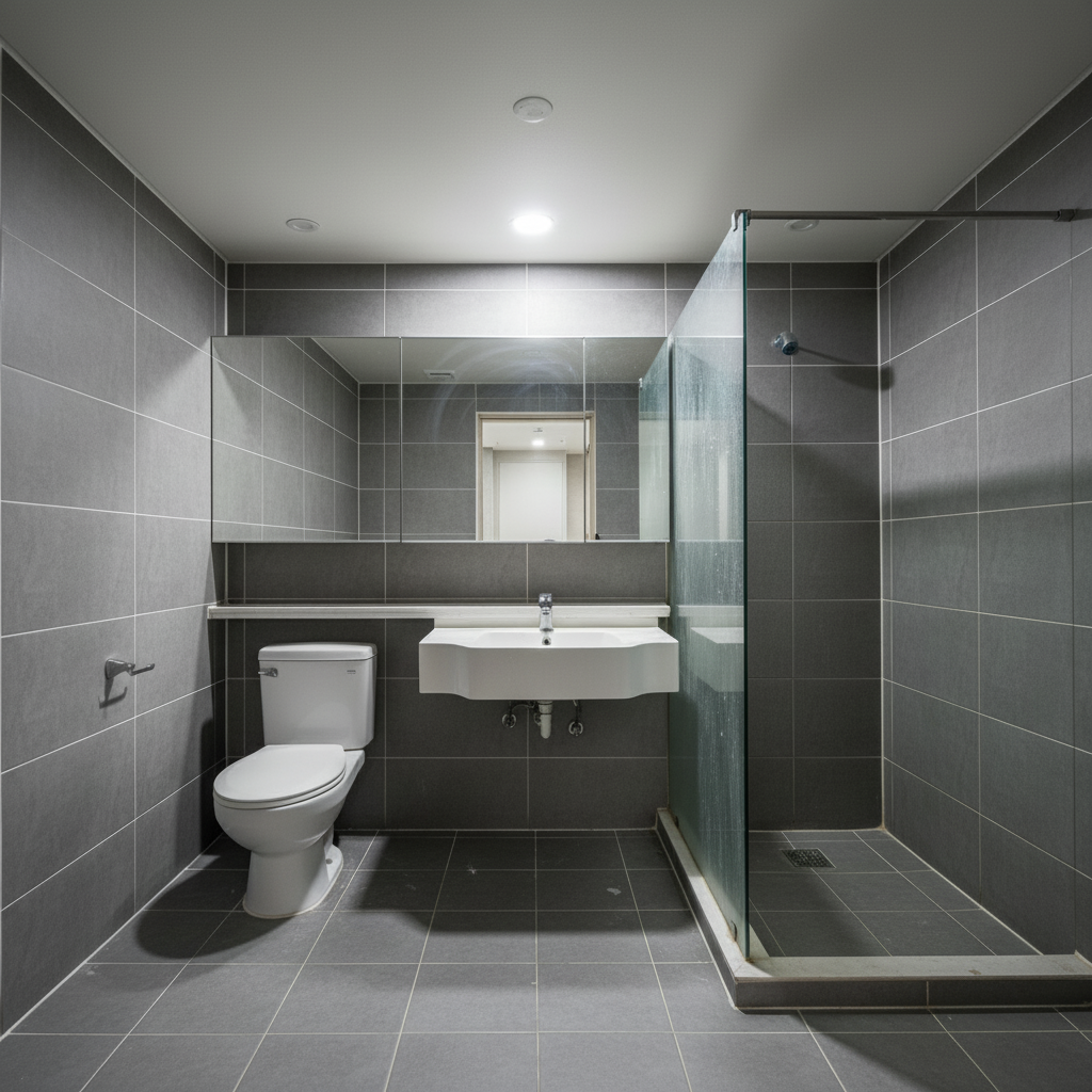 화장실 청소 완료 후 모습. 타일 표면의 광택이 살아나고, 줄눈의 곰팡이가 깨끗하게 제거된 것을 확인할 수 있습니다.