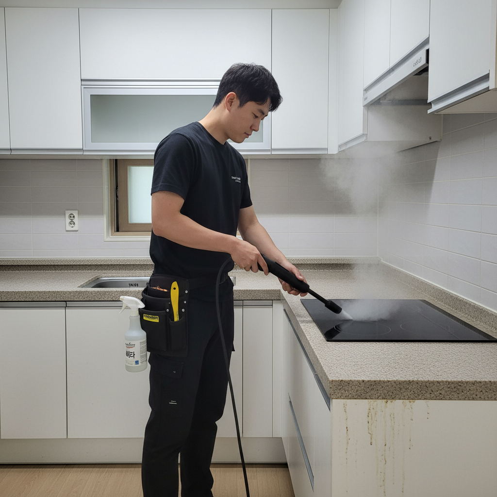 카처 스팀기를 사용하여 주방 후드 필터의 찌든 기름때를 제거하는 모습. 고온 스팀이 기름때를 녹여 깨끗하게 닦아냅니다.