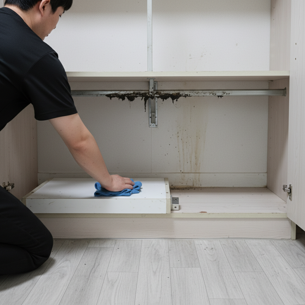 하부장 서랍을 탈거하여 레일과 서랍 내부를 꼼꼼하게 청소하는 모습. 숨겨진 먼지와 오염 물질까지 깨끗하게 제거합니다.