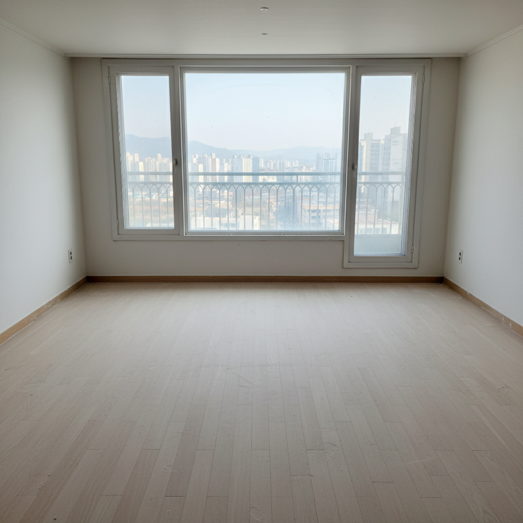 거실 바닥 청소 전 모습. 겉보기에는 깨끗해 보이지만, 자세히 보면 미세먼지와 얼룩이 눈에 띕니다.