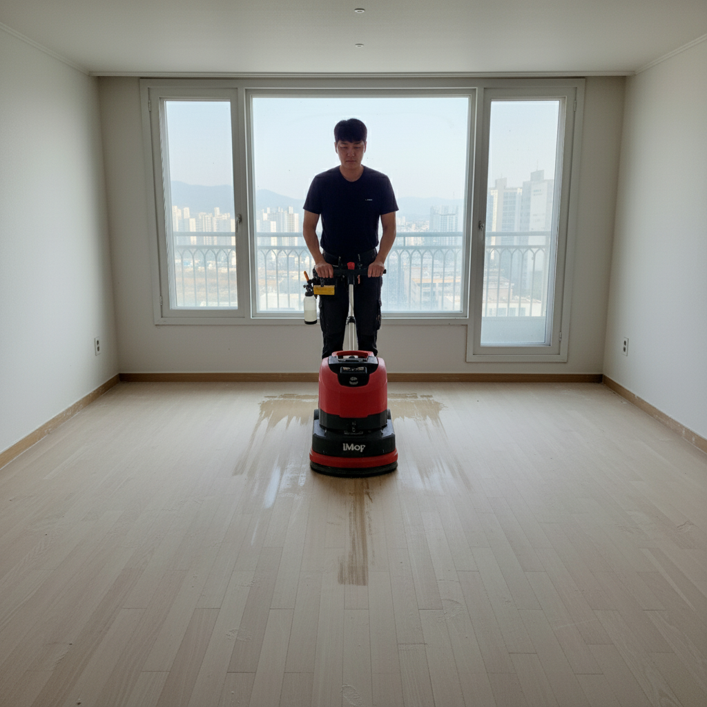 아이맙 청소기로 거실 바닥을 청소하는 모습. 꼼꼼하게 구석구석 닦아내고 있습니다.