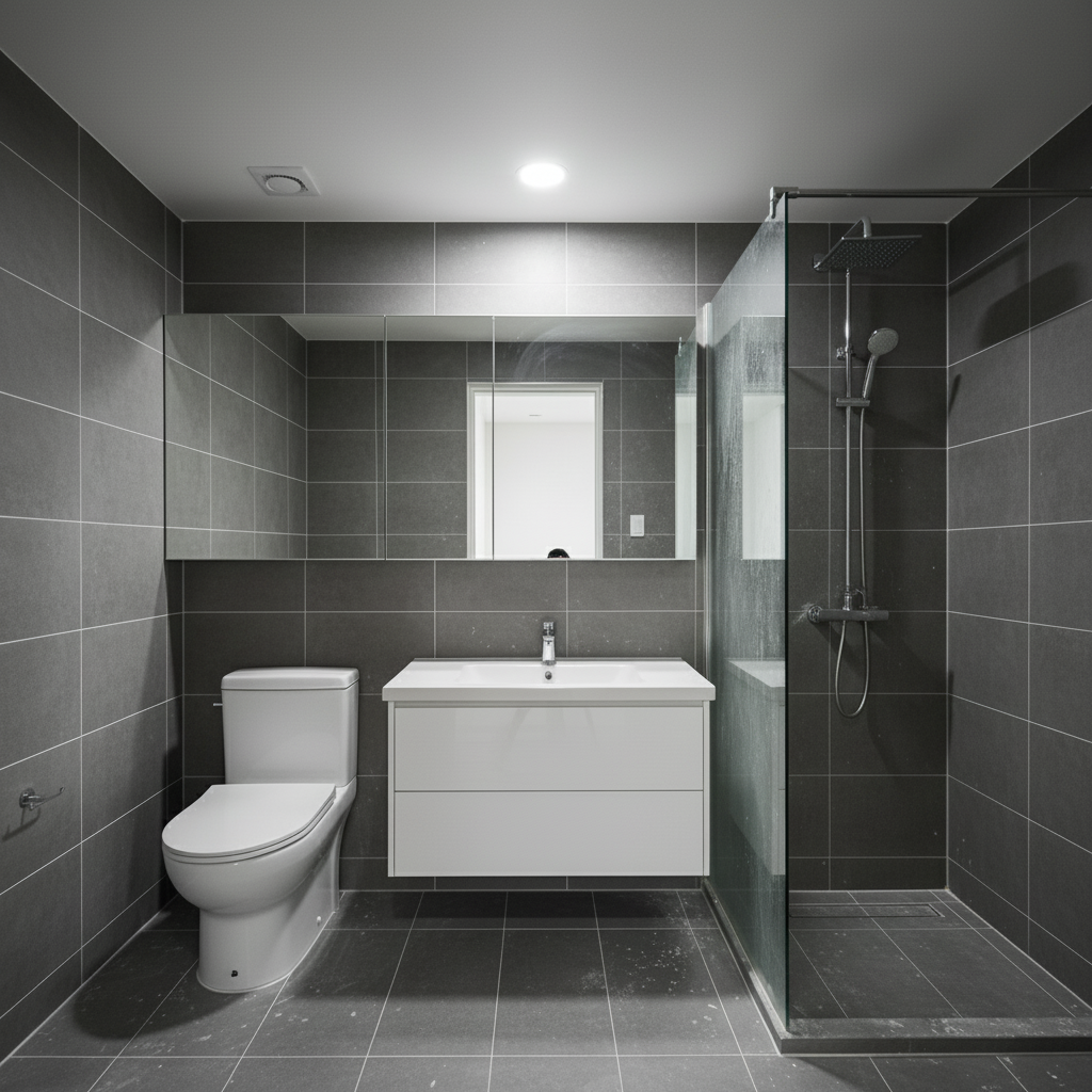 청소 후 깨끗해진 화장실, 타일 광택이 살아난 모습