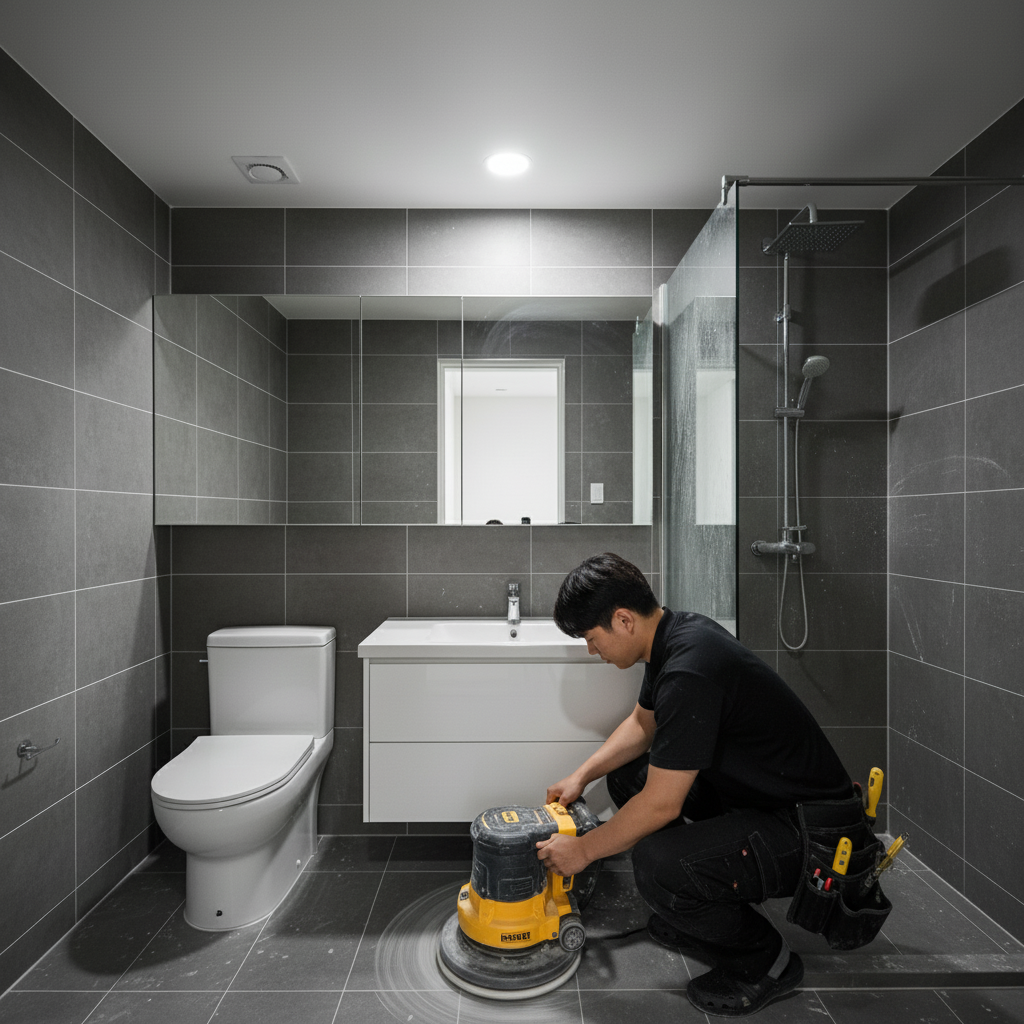 디월트 폴리셔로 화장실 바닥 타일을 연마하는 모습