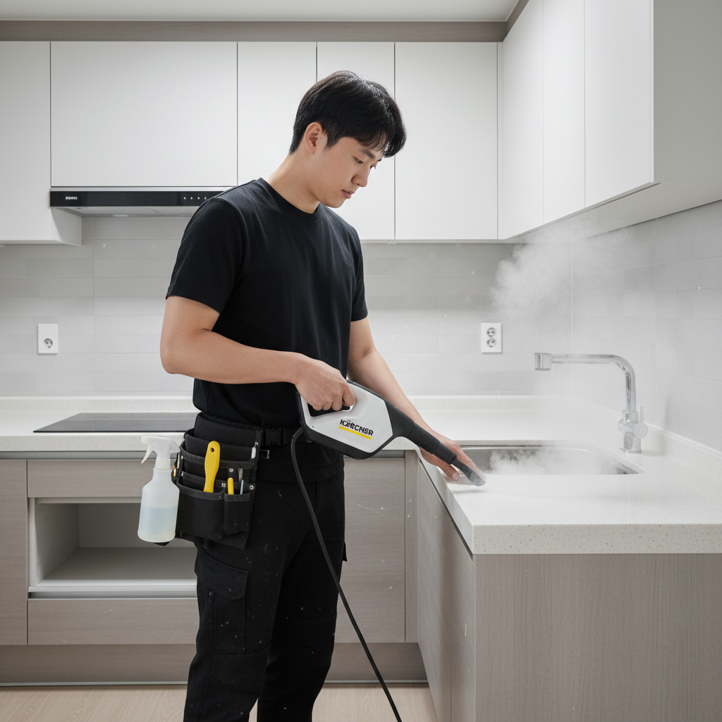 카처 스팀기로 주방 후드의 기름때를 제거하는 모습