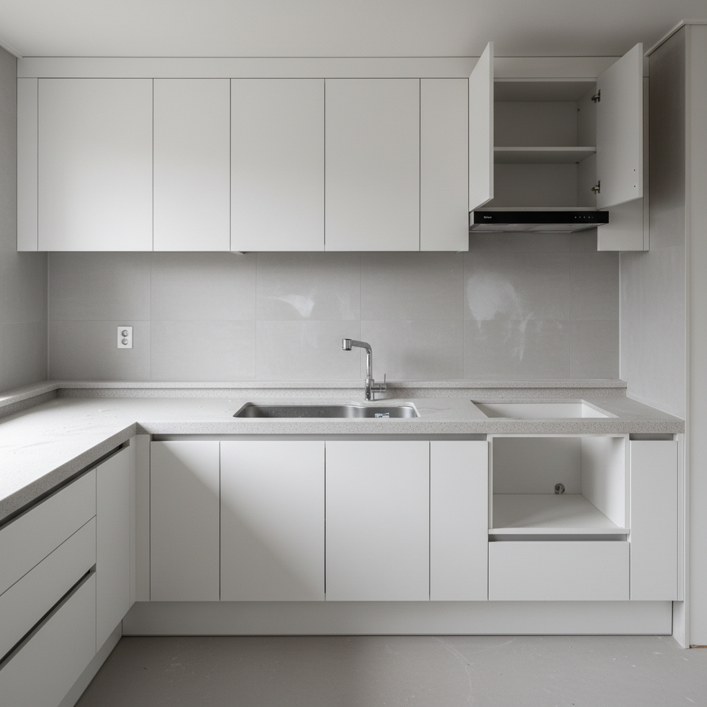 청소 전 주방. 싱크대 주변에 먼지와 오염이 눈에 띕니다.