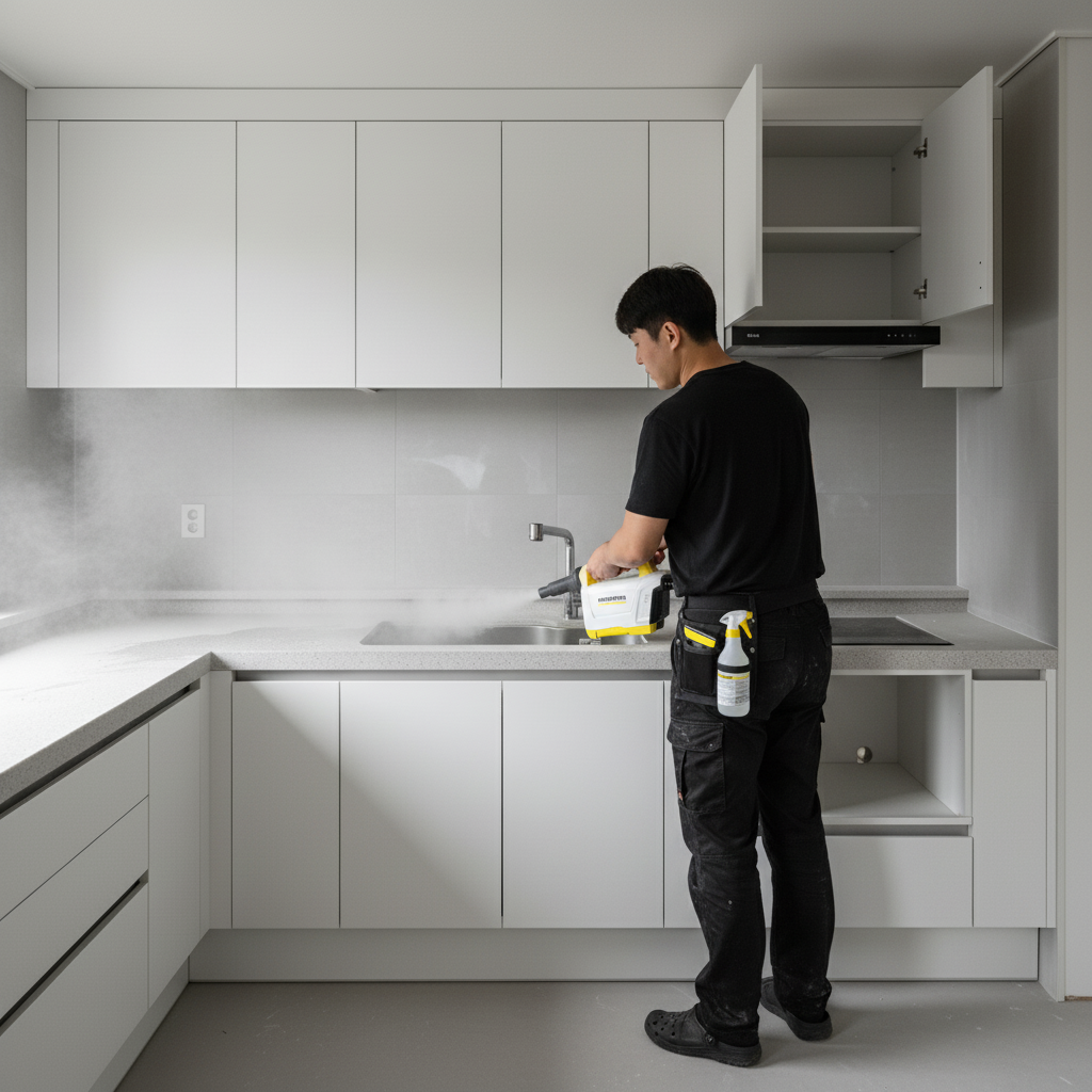 카처 스팀기를 사용하여 주방 후드의 기름때를 제거하는 모습.