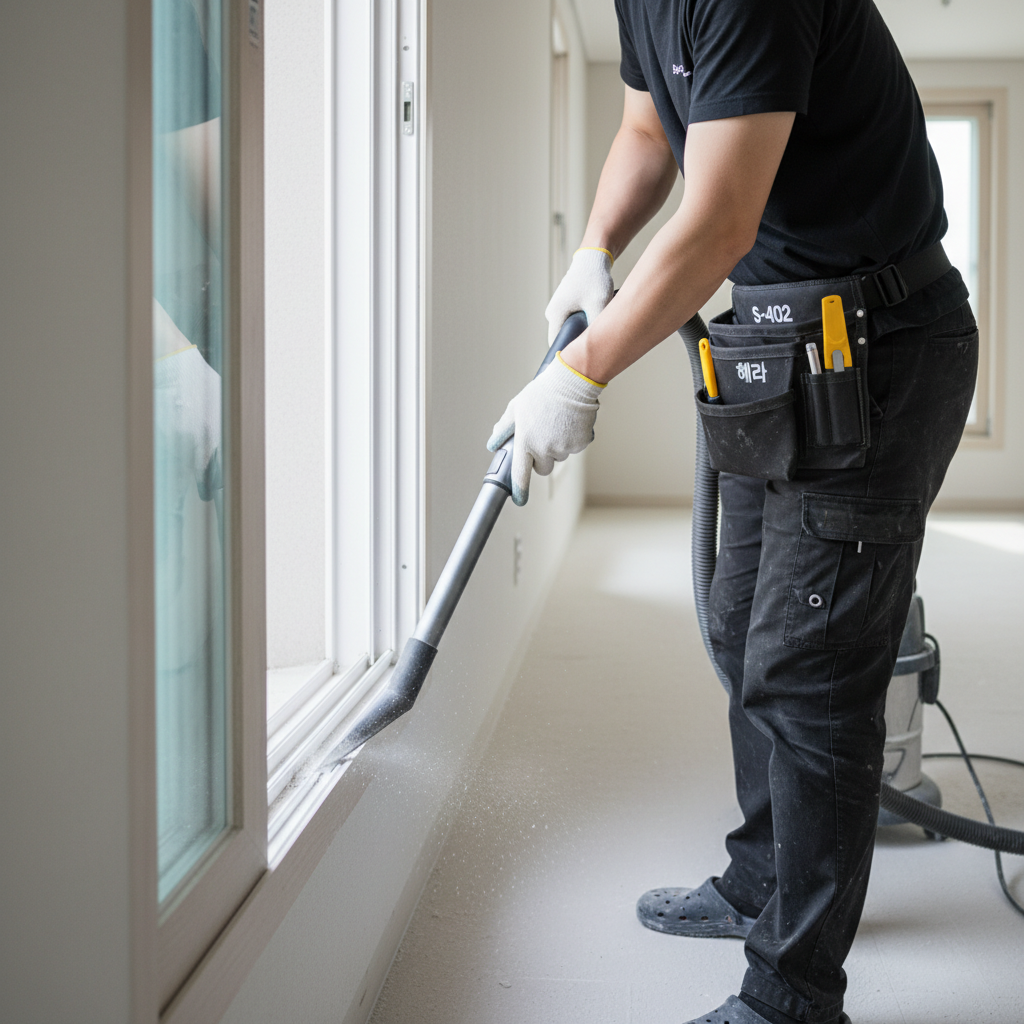 S-402 업소용 진공청소기를 사용하여 창틀 레일의 먼지를 강력하게 흡입하는 모습.