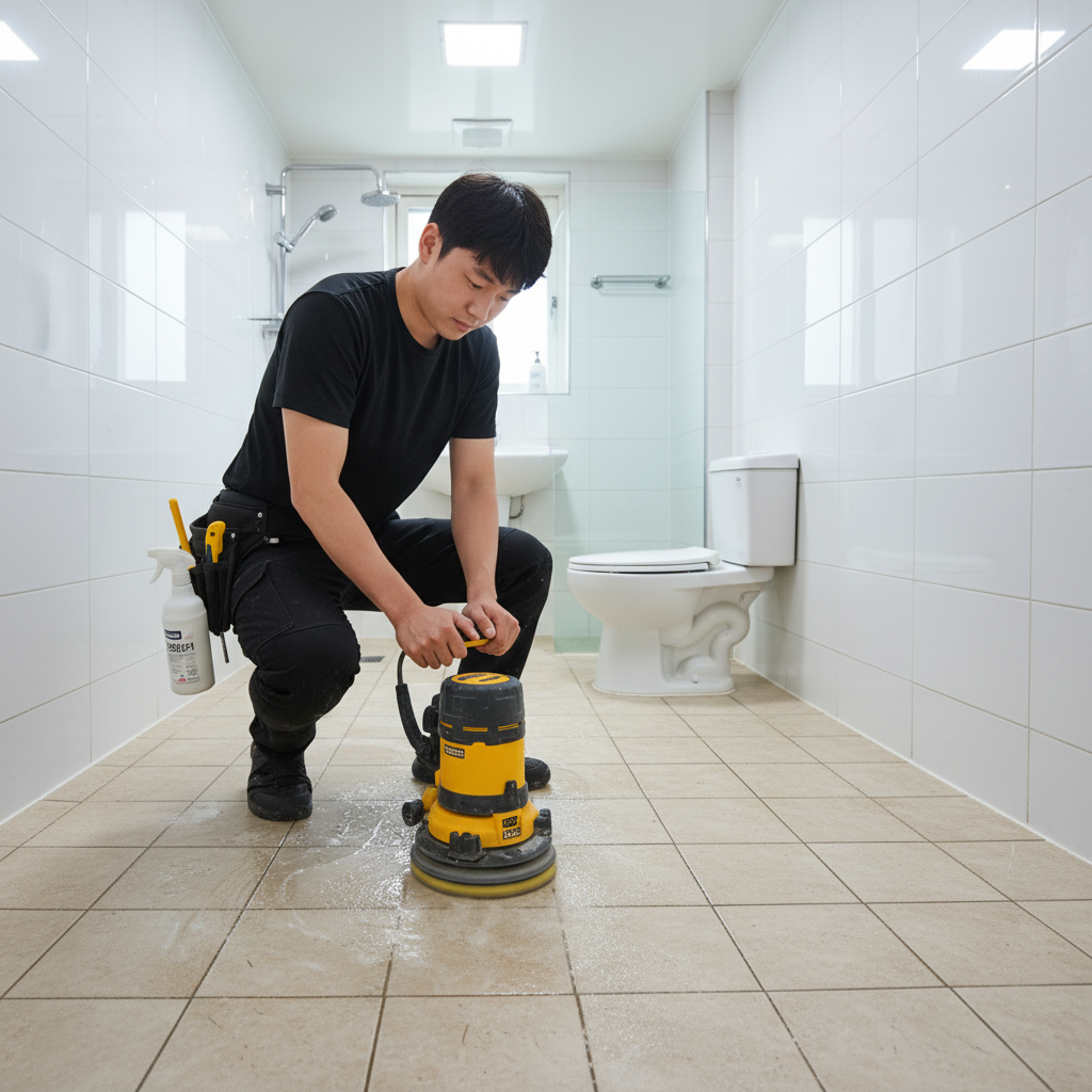 디월트 폴리셔로 화장실 바닥 타일의 찌든 때를 제거하는 모습