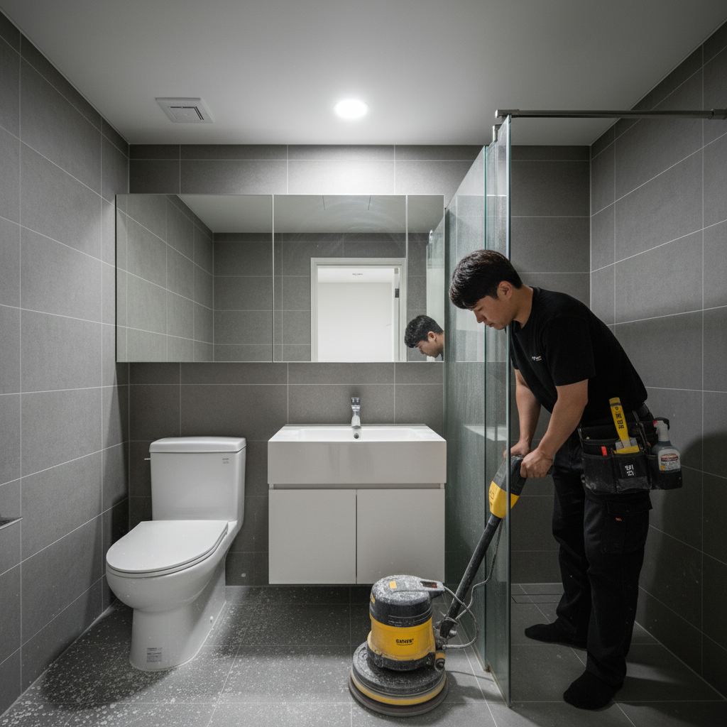 디월트 폴리셔로 화장실 바닥 타일을 연마하는 모습. 꼼꼼하게 작업하여 타일 사이의 시멘트 가루까지 제거합니다.