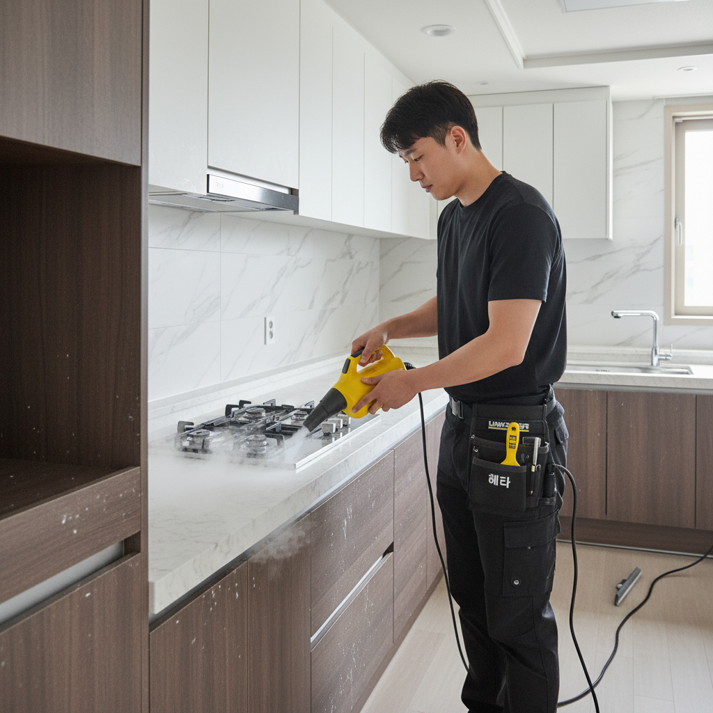 카처 스팀기로 주방 후드의 기름때를 제거하는 모습. 고온 스팀으로 찌든 때를 녹여 깨끗하게 청소합니다.