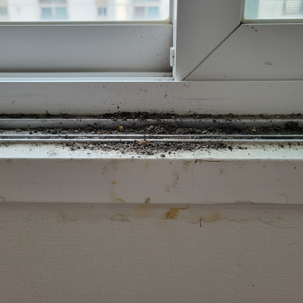 창틀 레일 청소 전 모습. 15년 묵은 먼지와 오염으로 가득합니다.