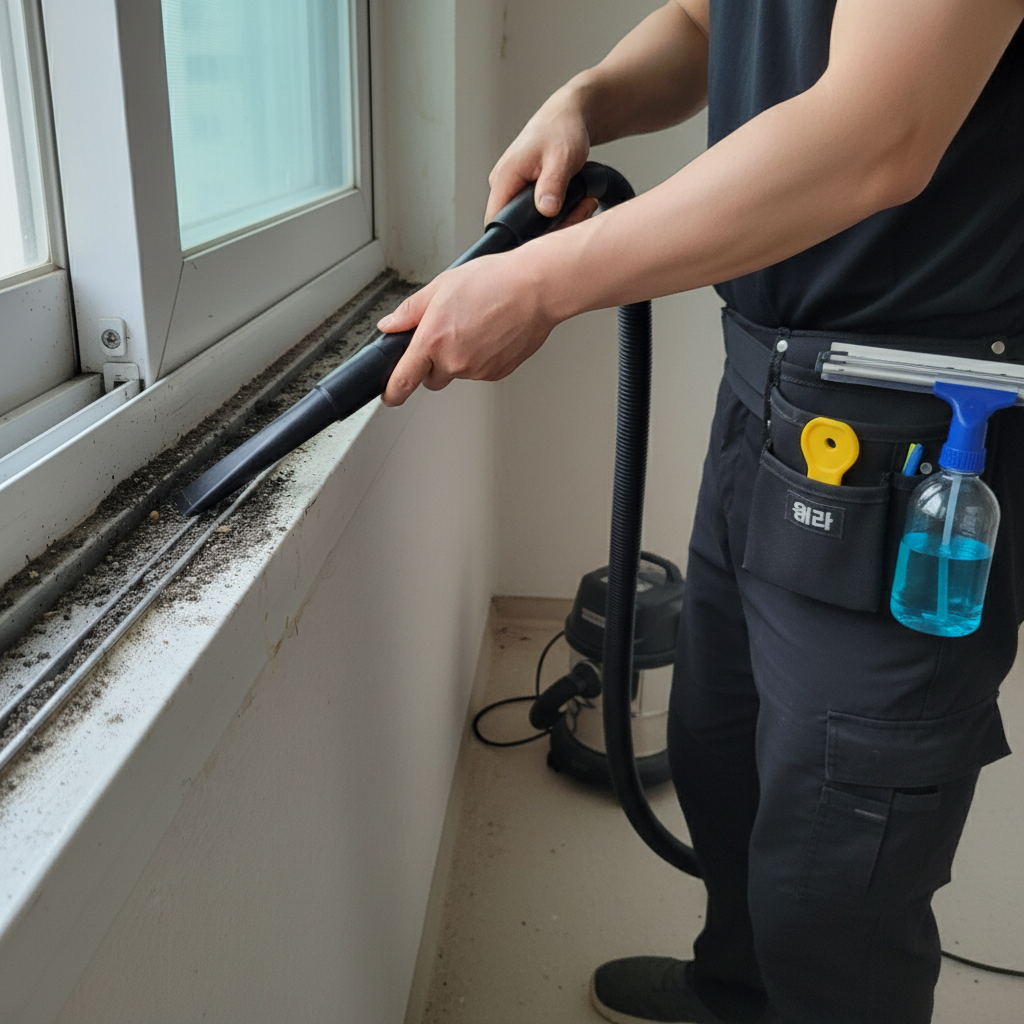 S-402 업소용 진공청소기를 사용하여 창틀 레일의 묵은 먼지를 제거하는 모습. 강력한 흡입력으로 꼼꼼하게 청소합니다.
