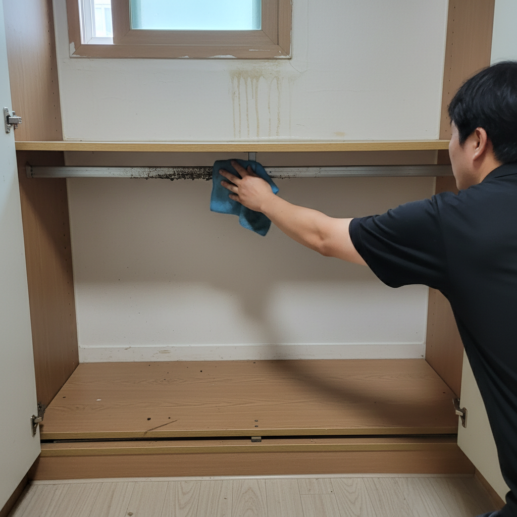 하부장 서랍을 탈거하여 레일을 청소하는 모습. 꼼꼼한 손길로 먼지와 오염을 제거합니다.