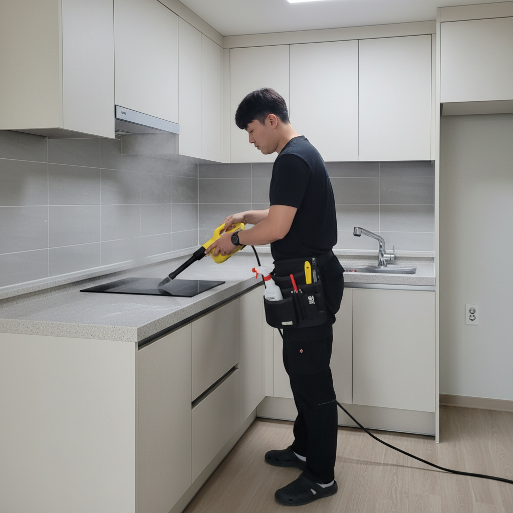 카처 스팀기를 사용하여 주방 후드의 기름때를 녹여내는 모습. 강력한 스팀으로 찌든 때를 제거합니다.