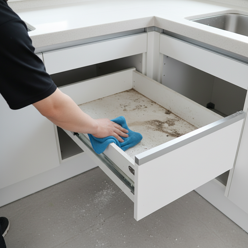 하부장 서랍을 탈거하여 레일의 먼지와 오염 물질을 제거하는 모습. 꼼꼼함이 돋보입니다.