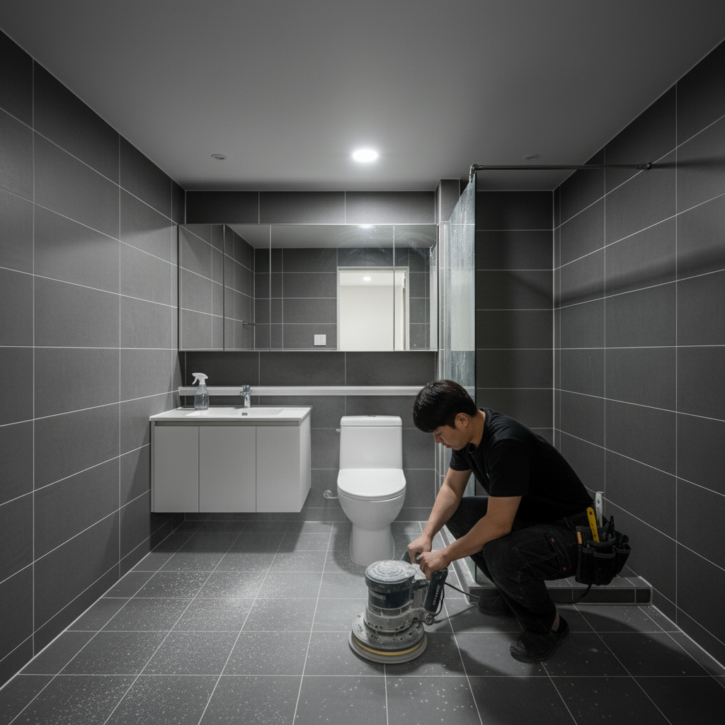 디월트 폴리셔를 사용하여 화장실 바닥 타일을 청소하는 모습