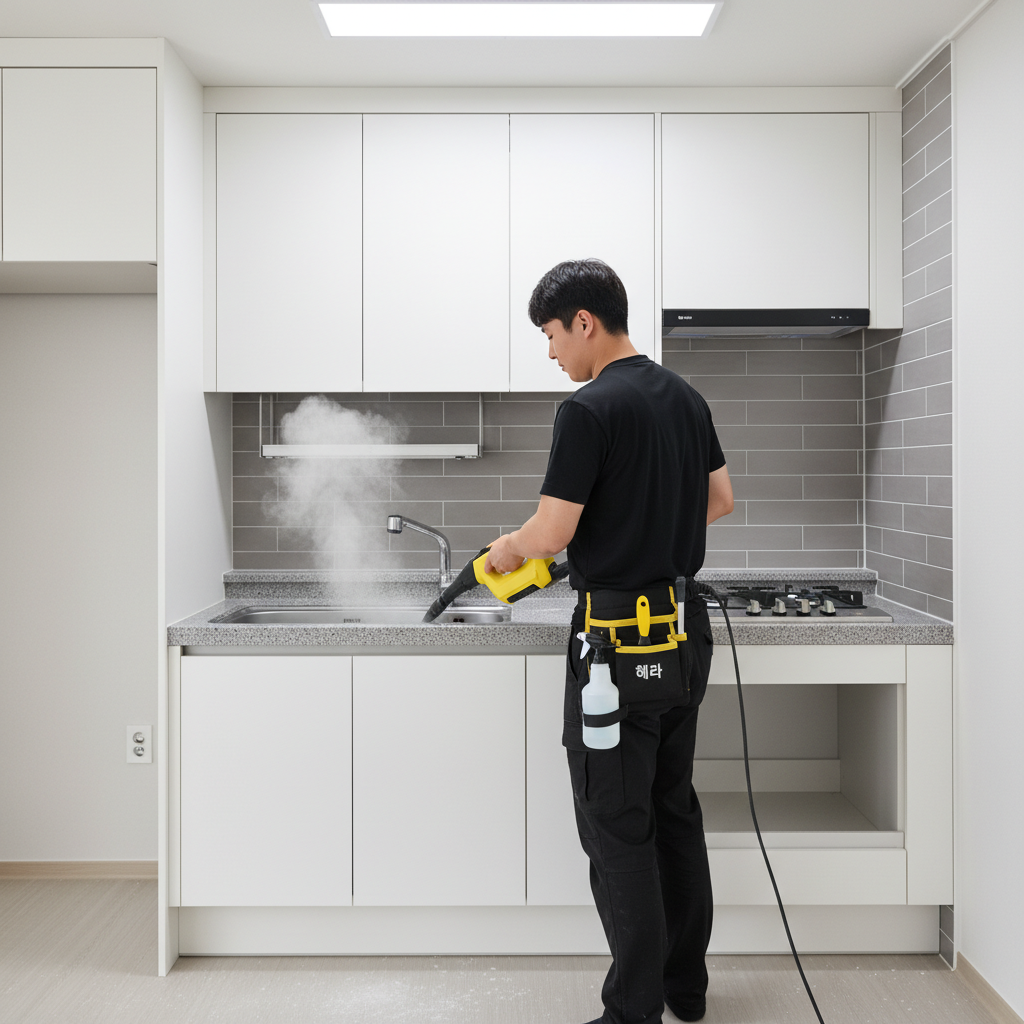 카처 스팀기를 사용하여 주방 후드의 기름때를 제거하는 모습