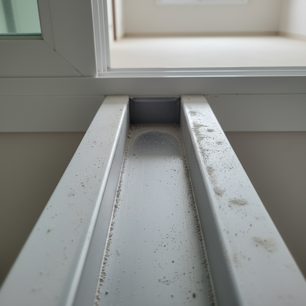 청소 후, 먼지 하나 없이 깨끗해진 창틀 레일의 모습
