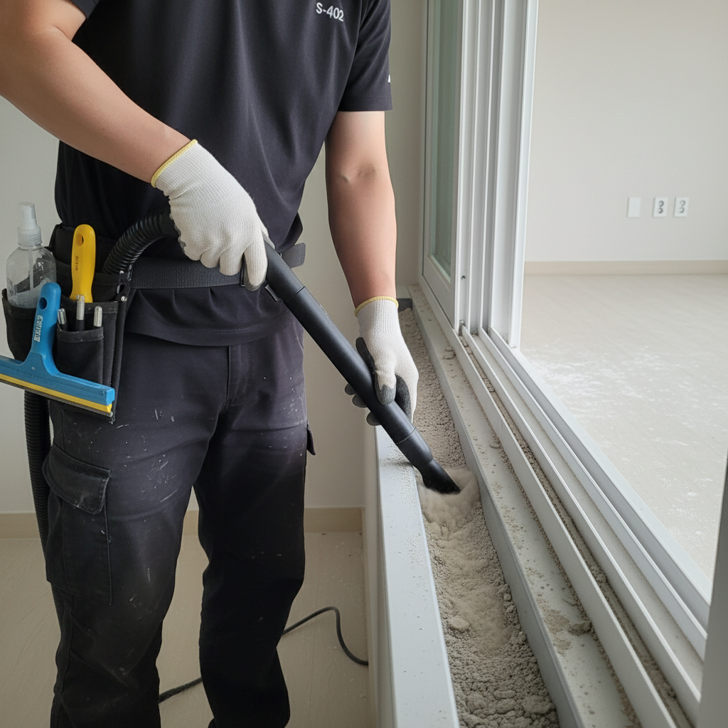 S-402 업소용 진공청소기를 사용하여 창틀 레일의 먼지를 꼼꼼하게 제거하는 모습