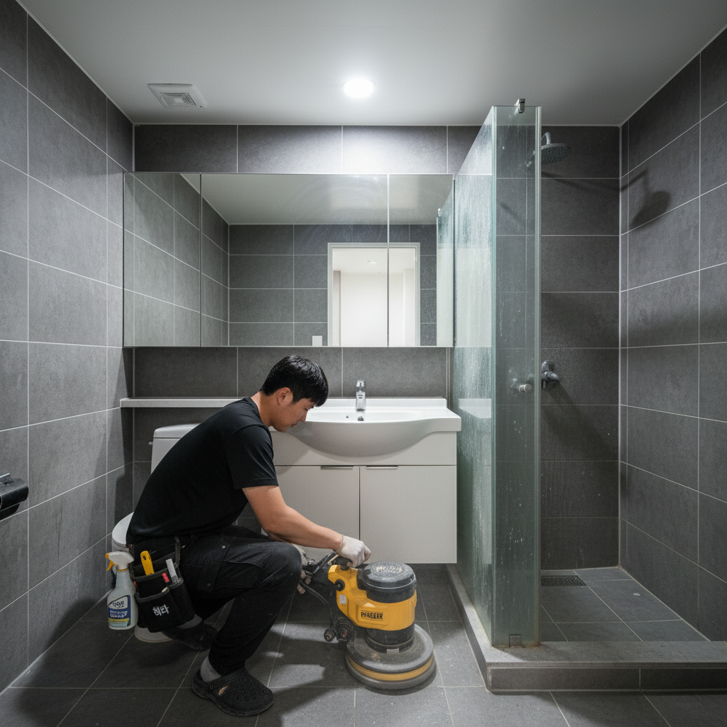 디월트 폴리셔를 사용하여 화장실 바닥 타일을 연마하는 모습