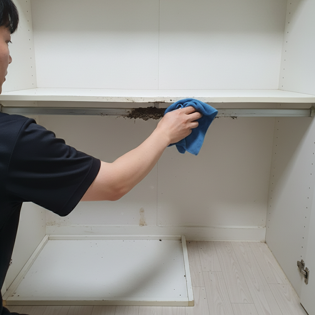 탈거한 서랍과 선반, 그리고 레일의 묵은 때를 청소하는 모습
