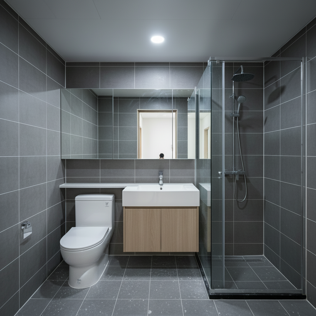 청소 후 깨끗해진 화장실, 타일의 광택이 살아난 모습