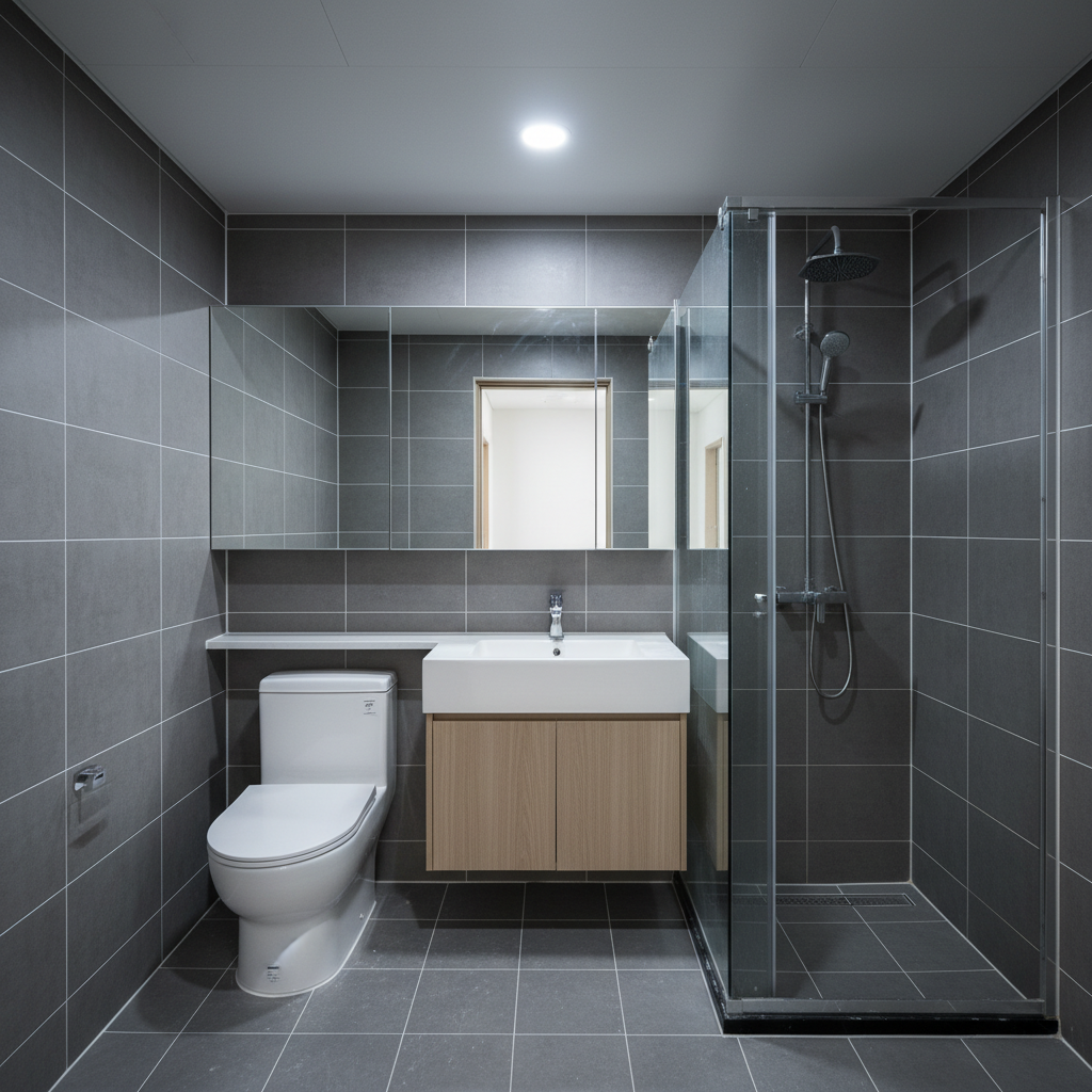 청소 전 화장실, 백시멘트 가루와 먼지가 눈에 띄는 모습