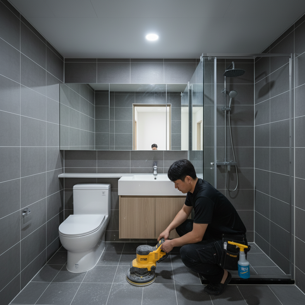 디월트 폴리셔를 사용하여 화장실 바닥 타일을 꼼꼼하게 연마하는 모습