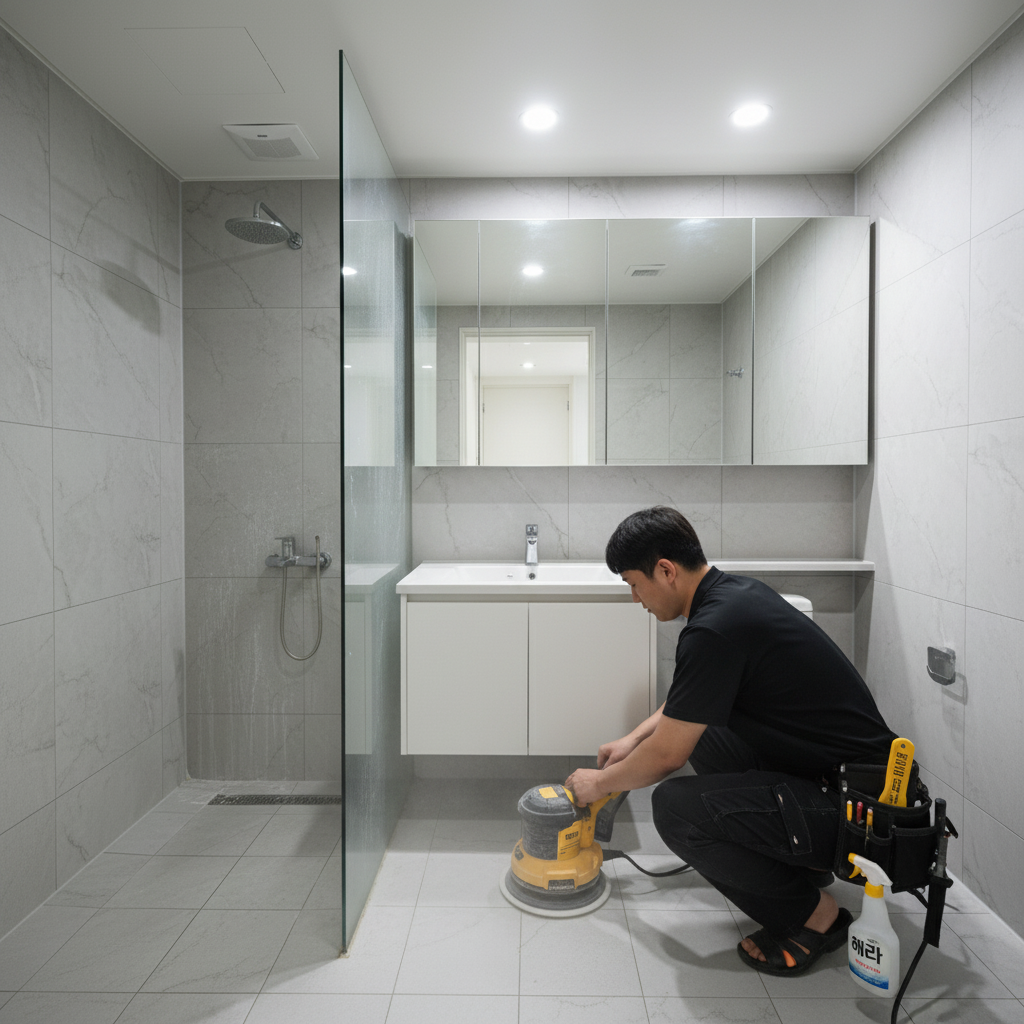 디월트 폴리셔로 화장실 바닥 타일을 연마하는 모습. 묵은 때가 시원하게 벗겨집니다.