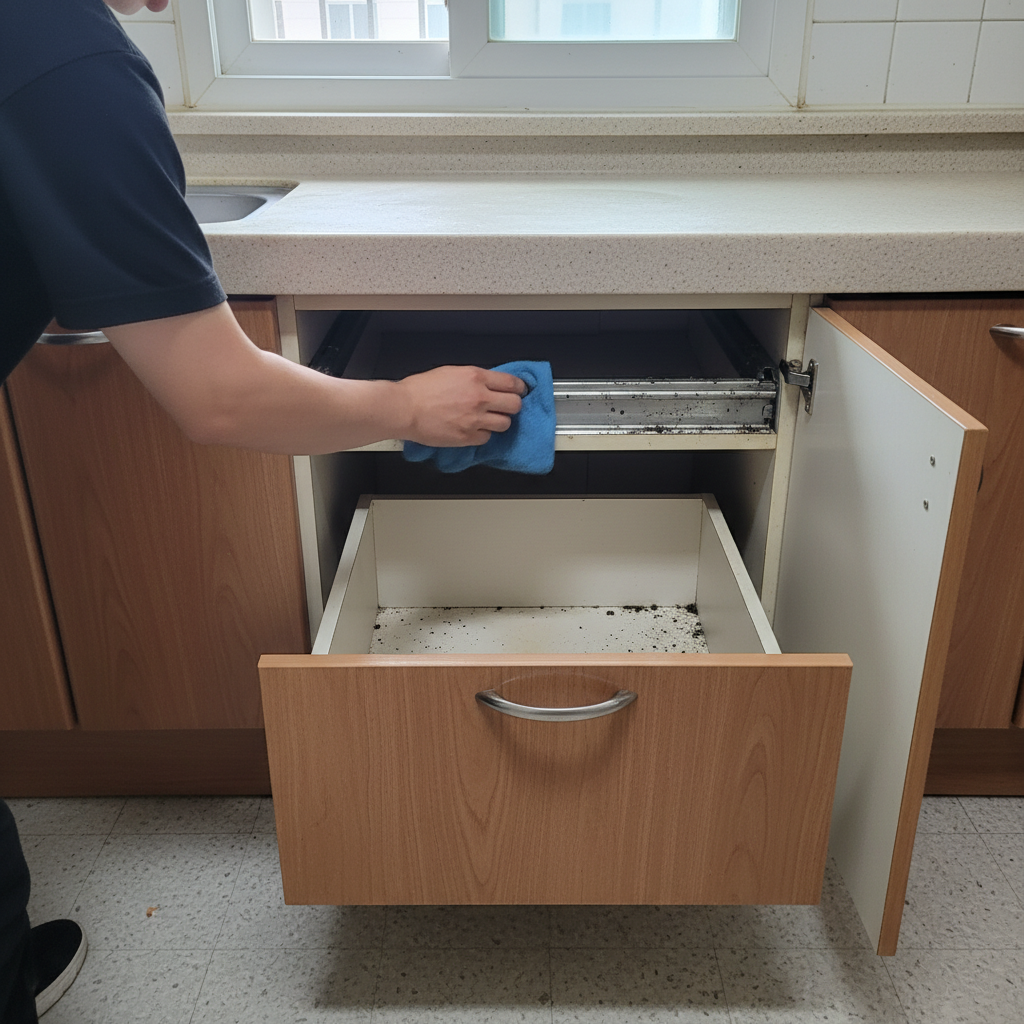 하부장 서랍을 탈거하여 꼼꼼하게 청소하는 모습. 레일의 먼지까지 완벽 제거!