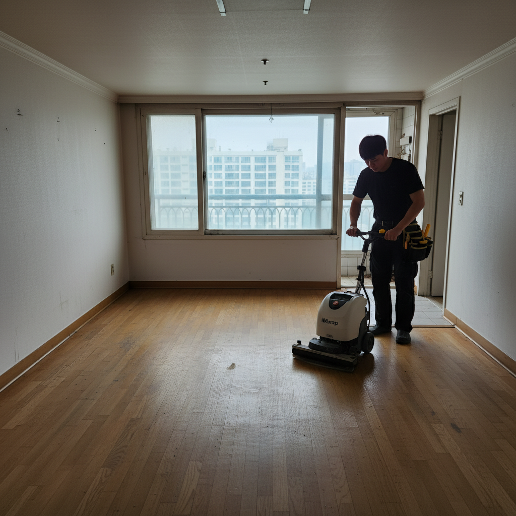 아이맙 청소기로 거실 바닥을 꼼꼼하게 청소하는 모습. 깨끗한 물이 공급되어 먼지를 효과적으로 제거합니다.