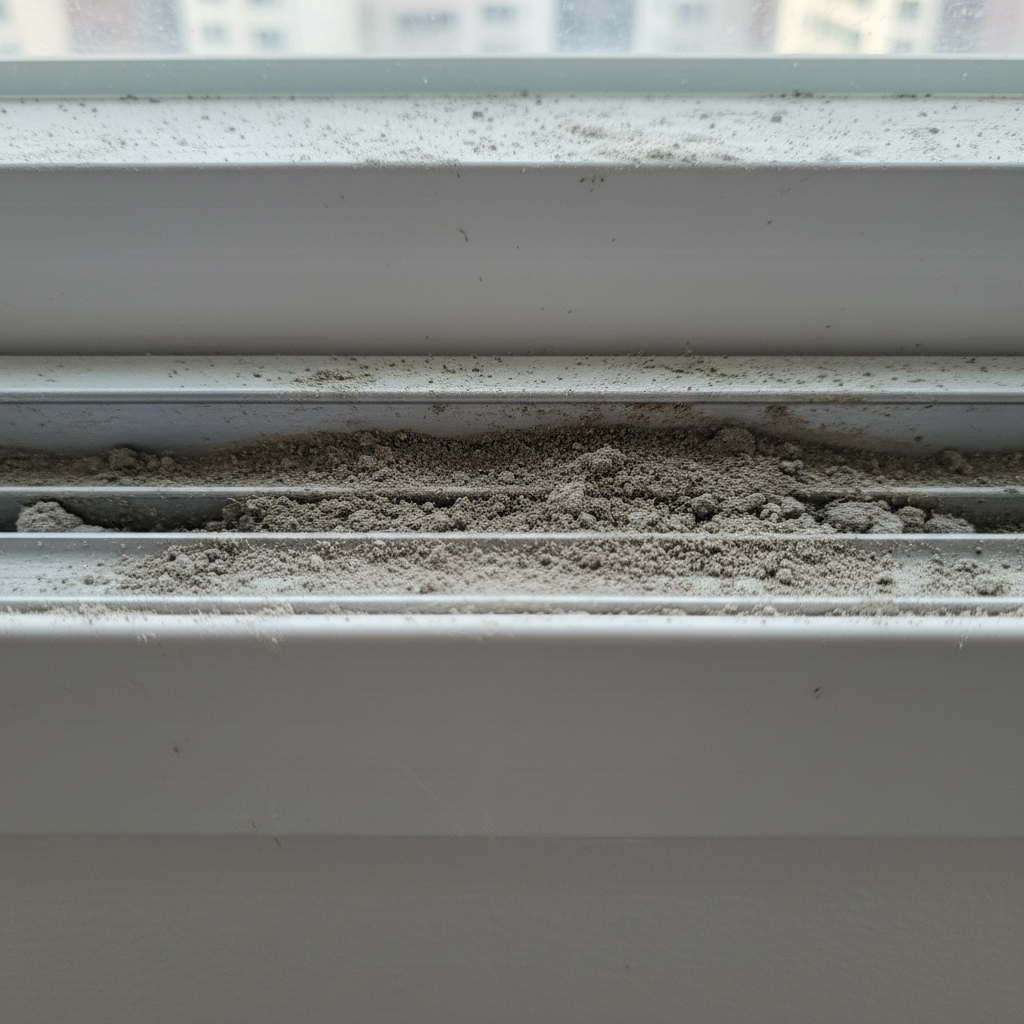 청소 전 창틀 레일의 모습. 먼지와 건설 자재 가루들이 쌓여 있는 것을 확인할 수 있습니다.