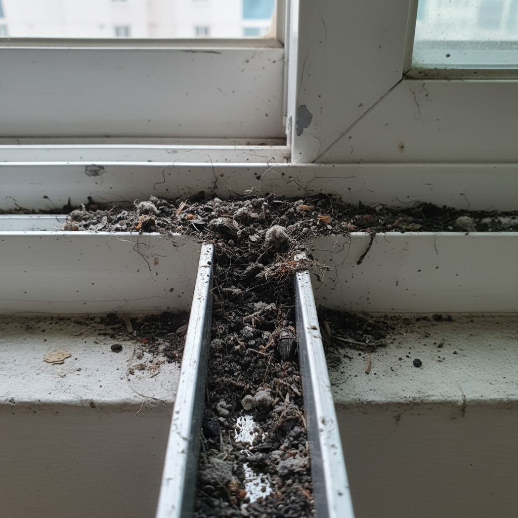 청소 전 창틀 레일의 모습. 15년 동안 쌓인 먼지와 흙먼지로 오염된 상태입니다.