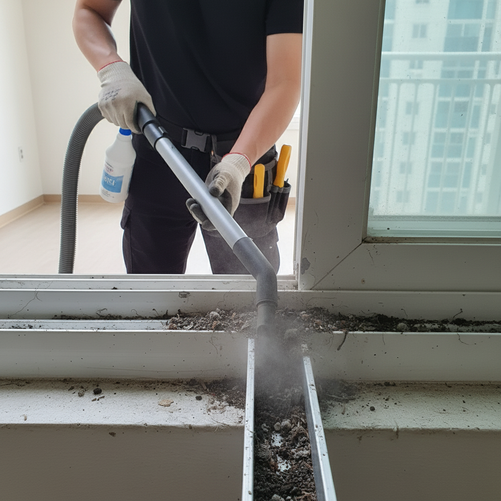 S-402 업소용 진공청소기를 사용하여 창틀 레일의 먼지를 제거하는 모습. 강력한 흡입력으로 묵은 때를 말끔하게 제거합니다.