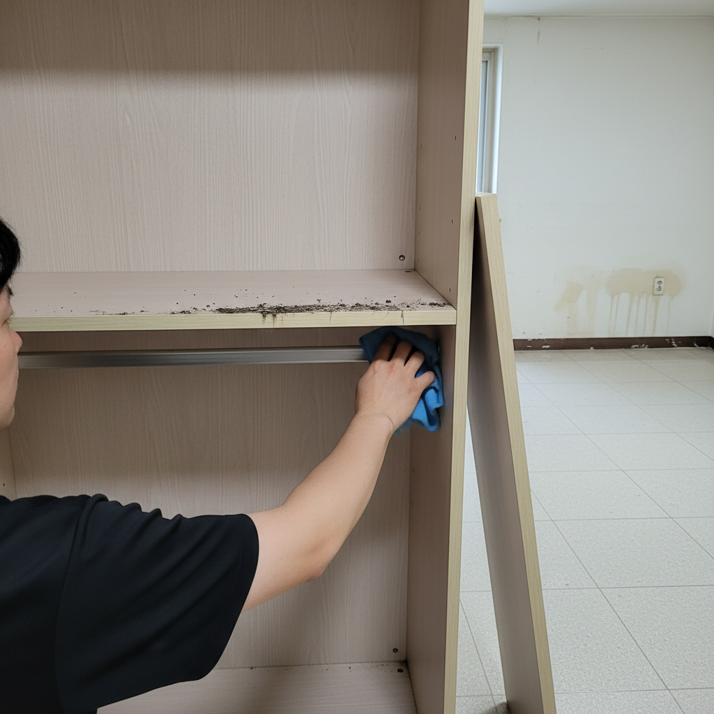 하부장 서랍을 탈거하여 레일까지 꼼꼼하게 청소하는 모습. 숨겨진 먼지와 오염물질을 깨끗하게 제거합니다.