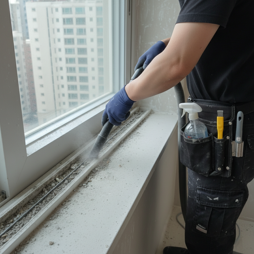 S-402 업소용 진공청소기로 창틀 레일의 먼지를 흡입하는 모습.