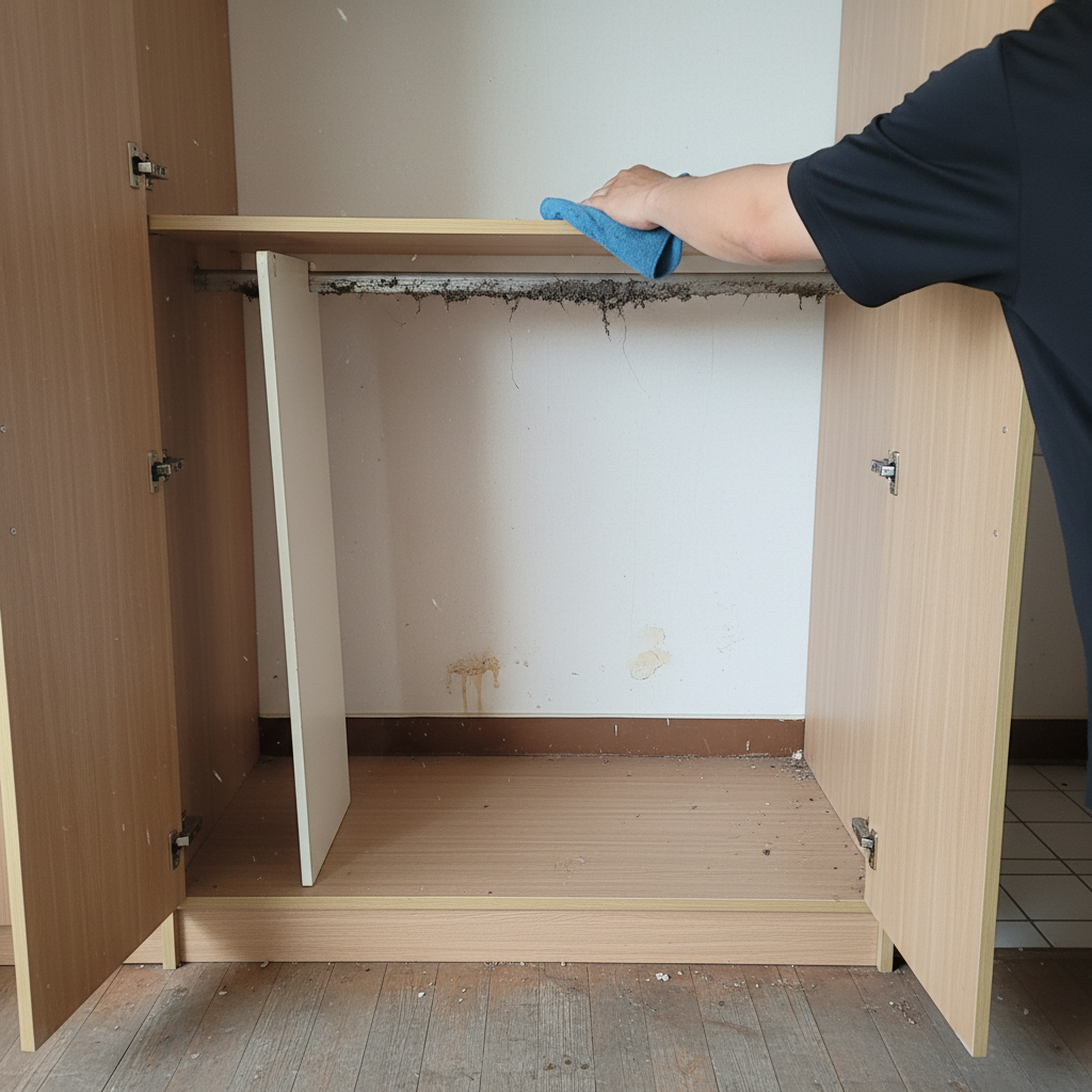 하부장 서랍을 탈거하여 레일까지 꼼꼼하게 청소하는 모습. 묵은 먼지와 오염을 말끔하게 제거합니다.